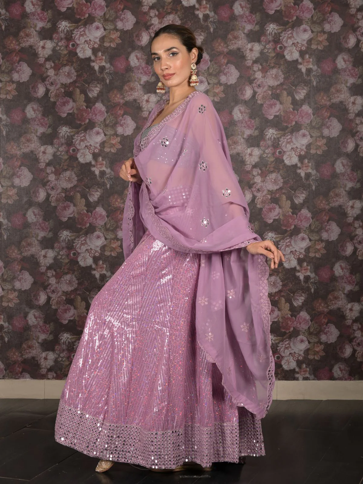 Odette Lilac Sequins and Faux Mirror Embroidered Semi-Stitched Georgette Lehenga with Unstitched Blouse for Women - Image 3
