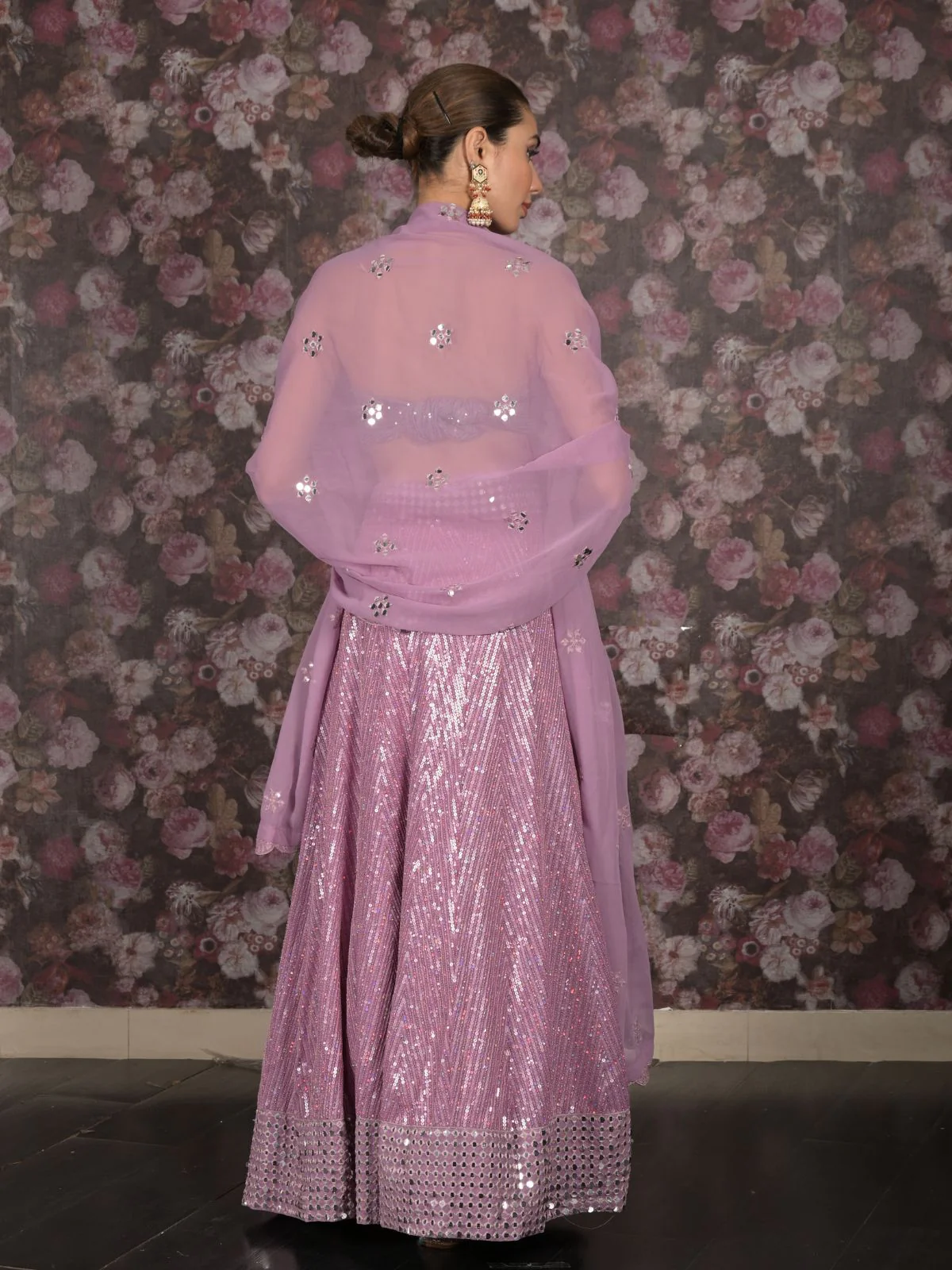 Odette Lilac Sequins and Faux Mirror Embroidered Semi-Stitched Georgette Lehenga with Unstitched Blouse for Women - Image 4