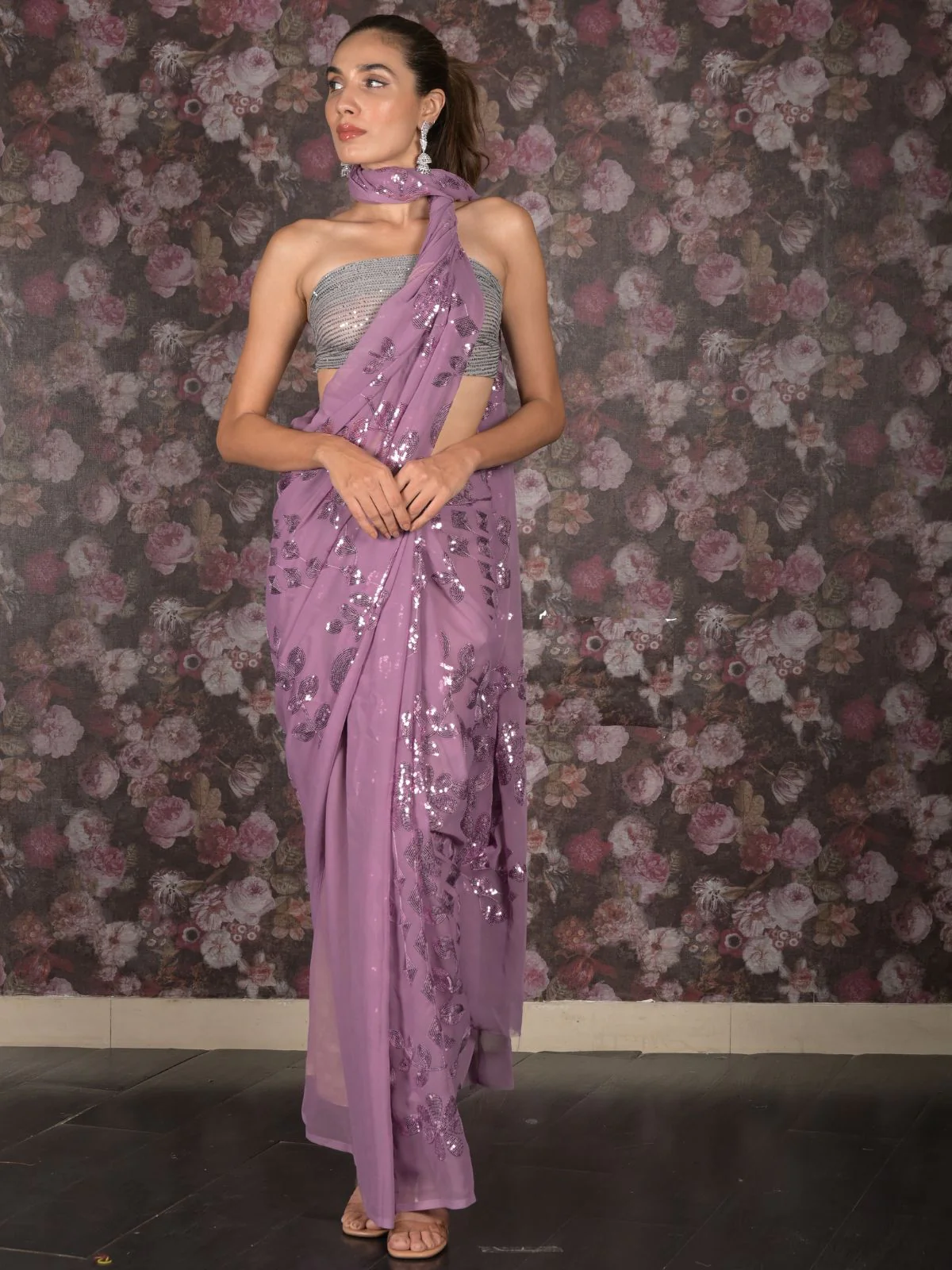 Odette Lilac Sequins Embroidered Georgette Saree for Women - Image 3