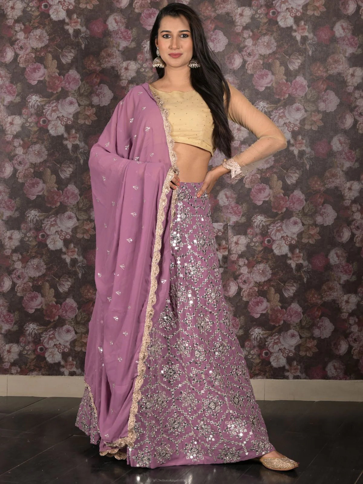 Odette Lilac Sequins Embroidered Semi Stitched Lehenga Set With Dupatta And Unstitched Blouse For Women