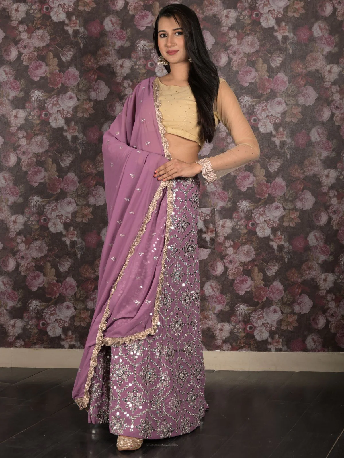 Odette Lilac Sequins Embroidered Semi Stitched Lehenga Set With Dupatta And Unstitched Blouse For Women - Image 3