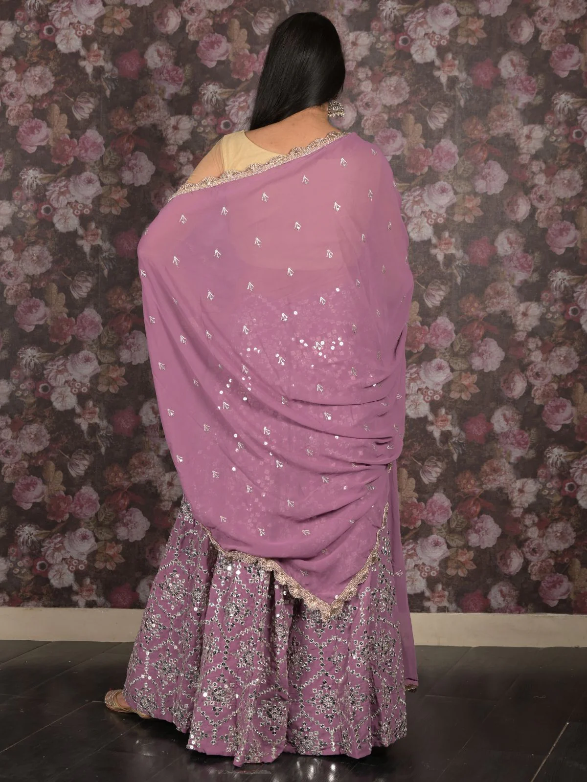 Odette Lilac Sequins Embroidered Semi Stitched Lehenga Set With Dupatta And Unstitched Blouse For Women - Image 4