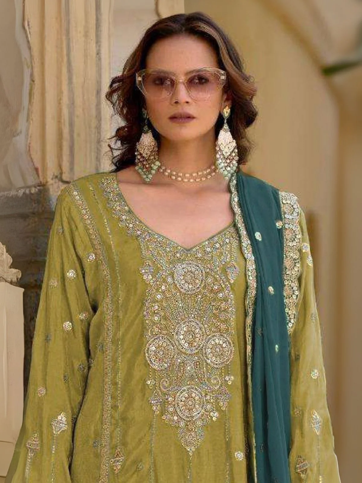 Odette Lime Green Chinon Embroidered Semi-Stitched Kurta Set For Women - Image 2