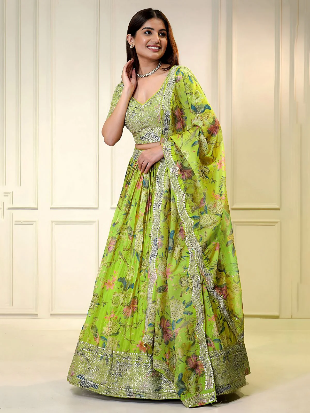 Odette Lime Green Georgette Embellished Semi-Stitched Lehenga For Women