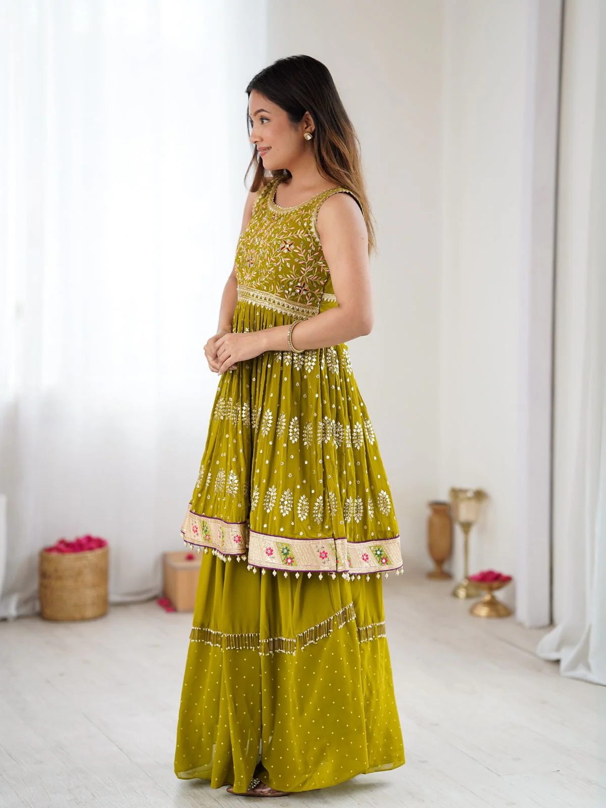 Odette Lime Green Georgette Embroidered Kurta Set For Women - Image 2