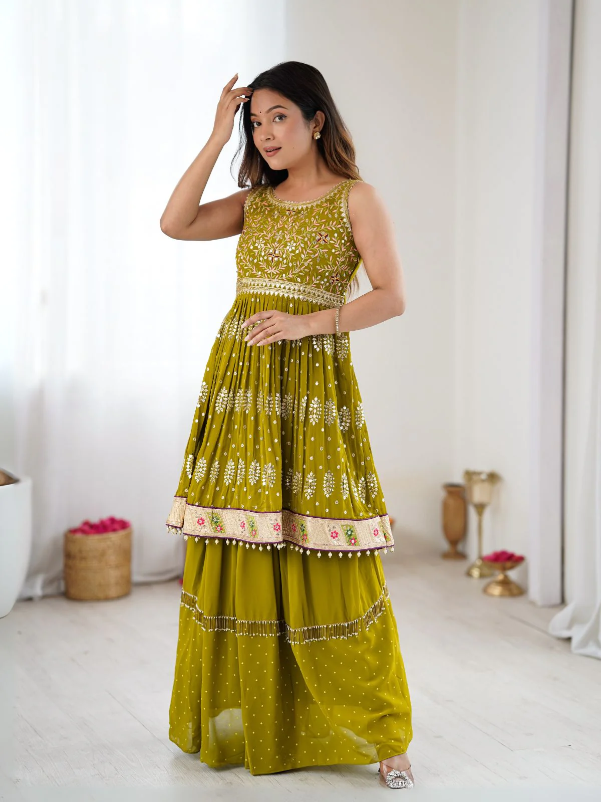 Odette Lime Green Georgette Embroidered Kurta Set For Women - Image 4