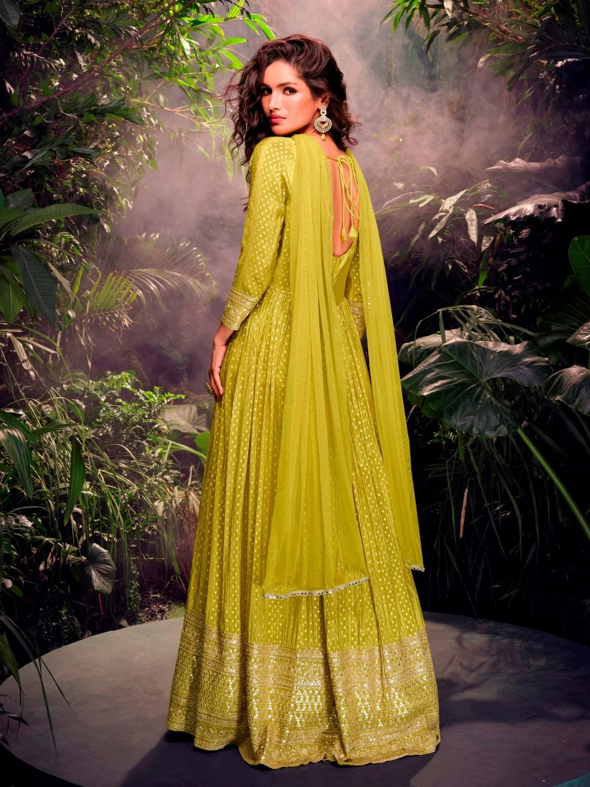 Odette Lime Green Jacquard Embroidered Semi Stitched Kurta With Dupatta For Women - Image 2