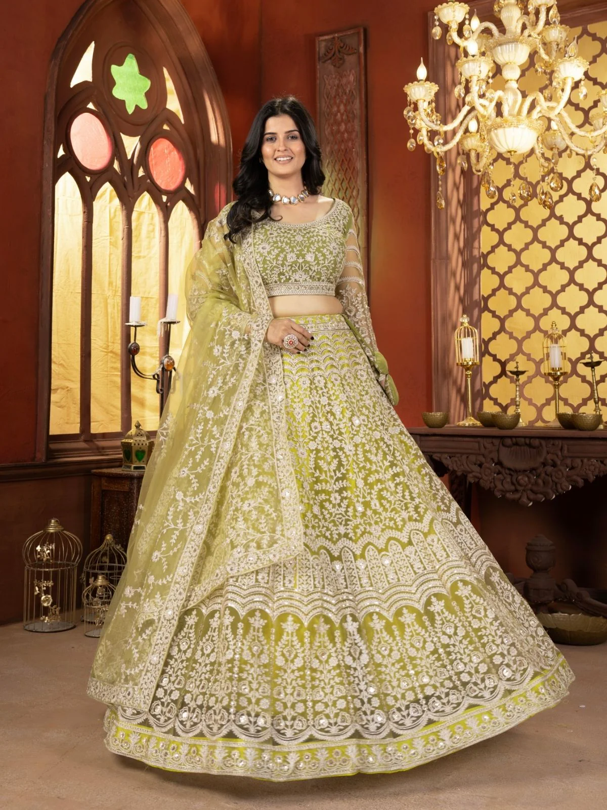 Odette Lime Green Net Embellished Semi Stitched Lehenga For Women - Image 2