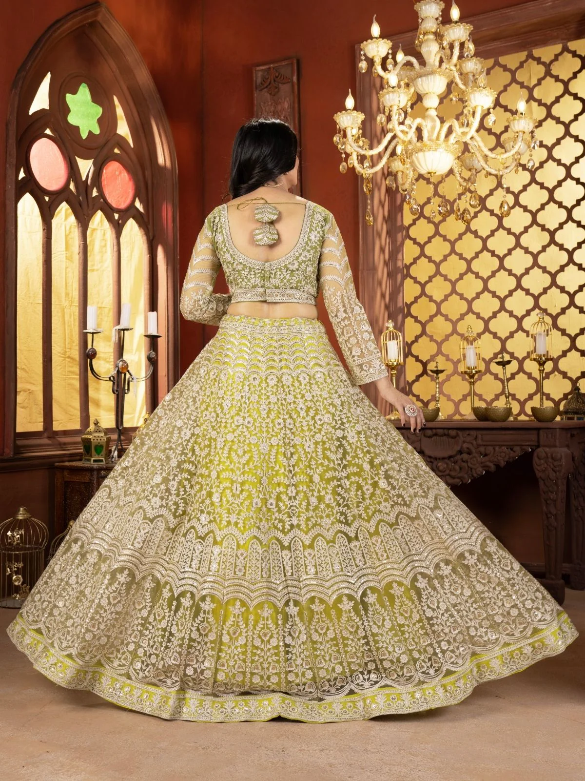 Odette Lime Green Net Embellished Semi Stitched Lehenga For Women - Image 3