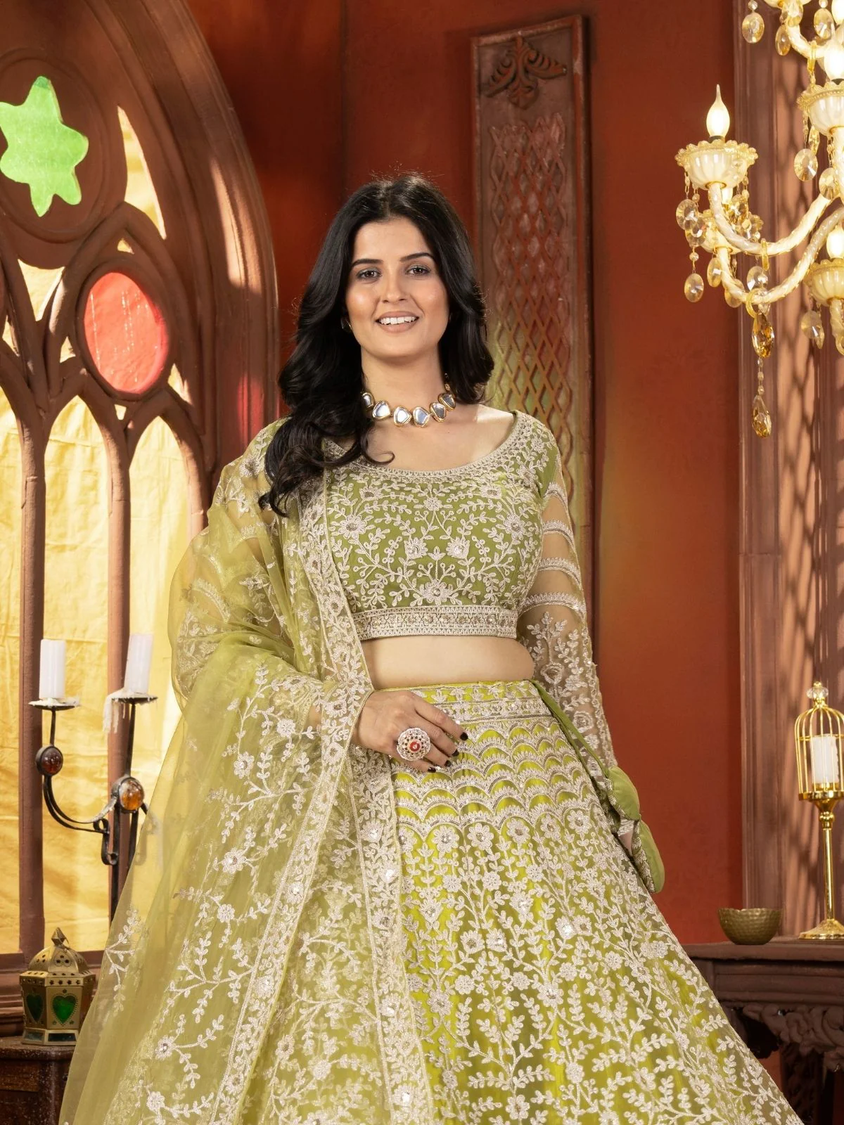 Odette Lime Green Net Embellished Semi Stitched Lehenga For Women - Image 4