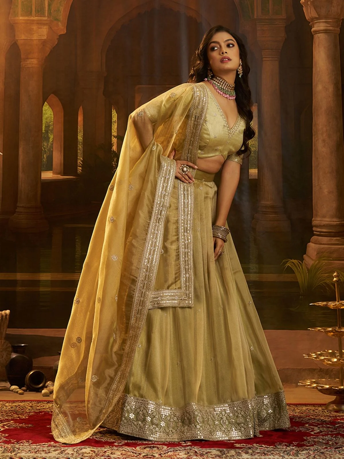 Odette Lime Green Organza Embroidered Lehenga For Women - Image 2