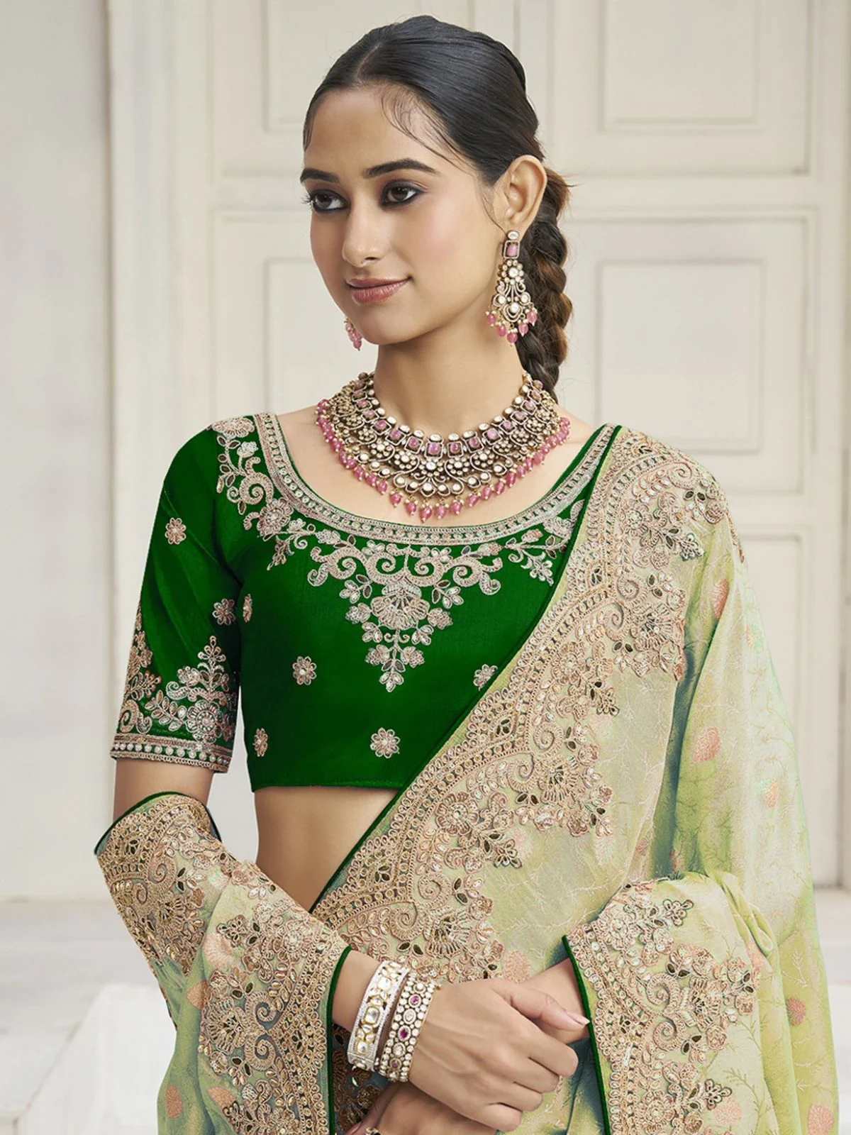 Odette Lime Green Silk Blend Embroidered Saree For Women - Image 2