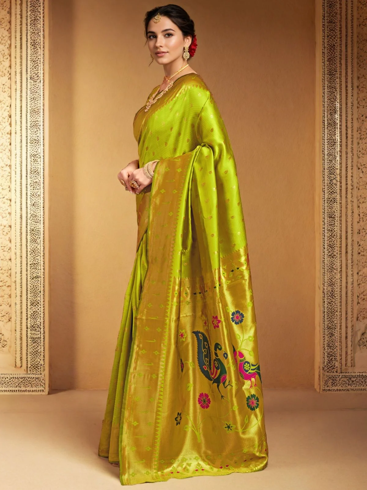 Odette Lime Green Silk Blend Woven Pithani Saree For Women - Image 2