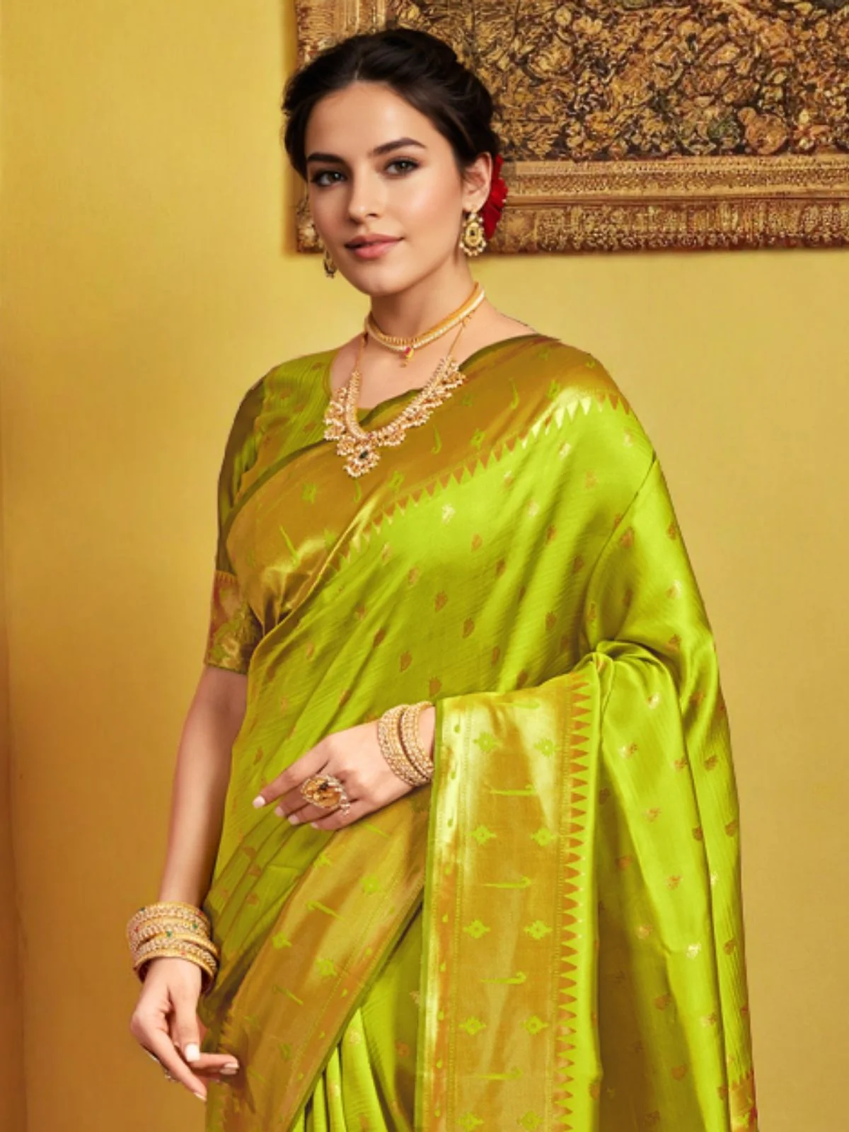 Odette Lime Green Silk Blend Woven Pithani Saree For Women - Image 4