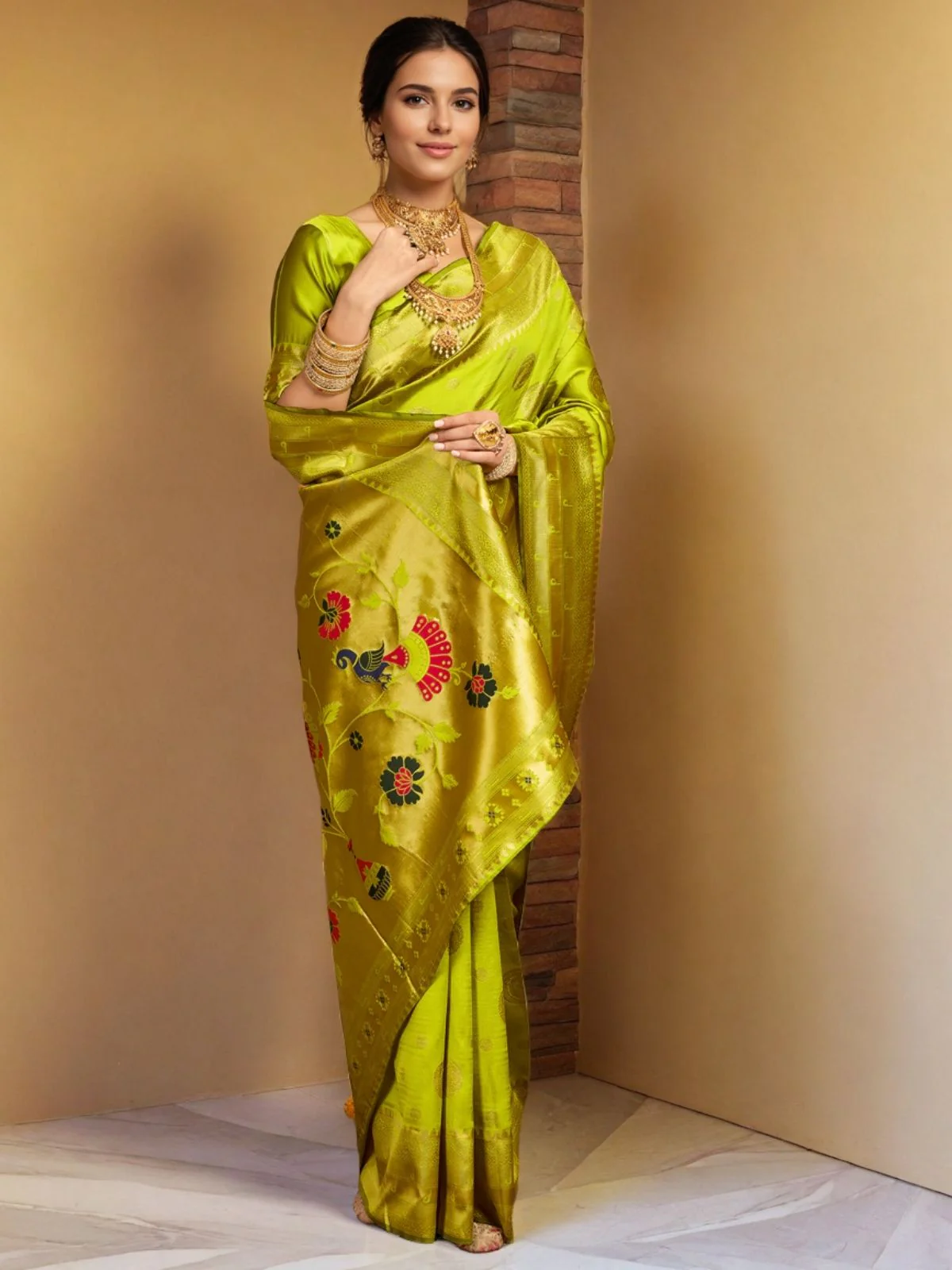 Odette Lime Green Silk Blend Woven Pithani Saree For Women - Image 3