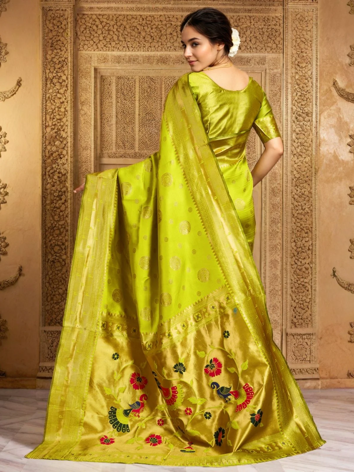 Odette Lime Green Silk Blend Woven Pithani Saree For Women - Image 4