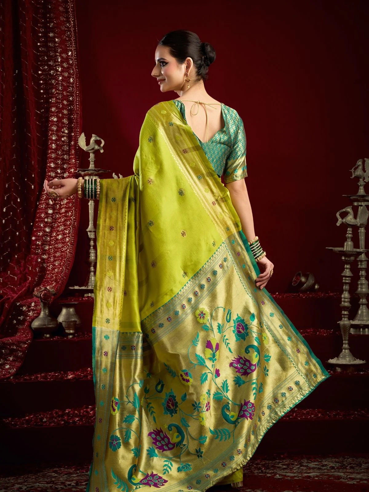 Odette Lime Green Silk Woven Paithani Saree For Women - Image 4