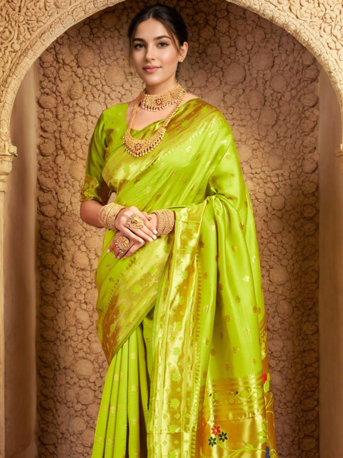 Odette Lime Green Silk Woven Saree For Women - Image 4