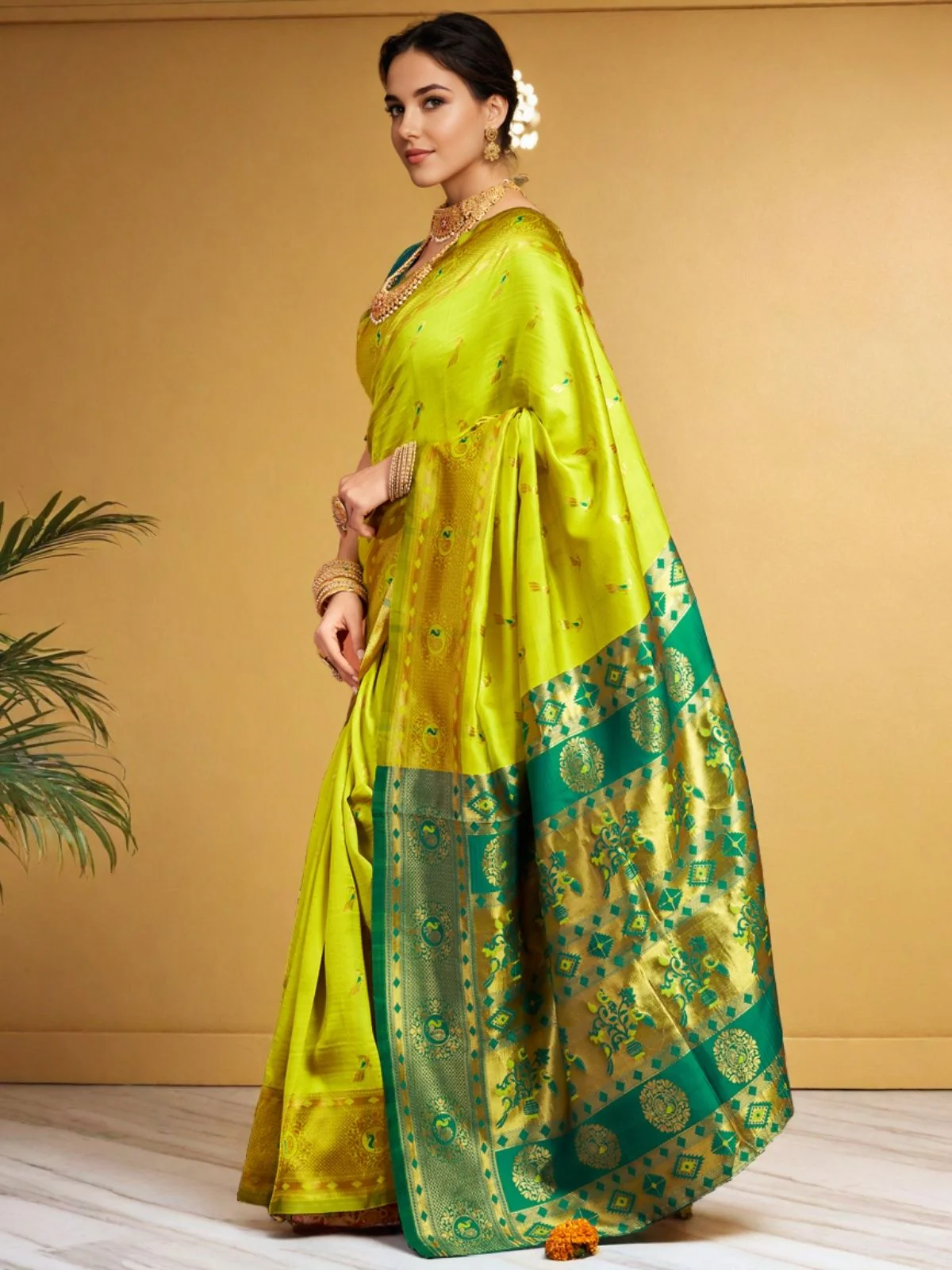 Odette Lime Green Silk Woven Saree For Women - Image 2