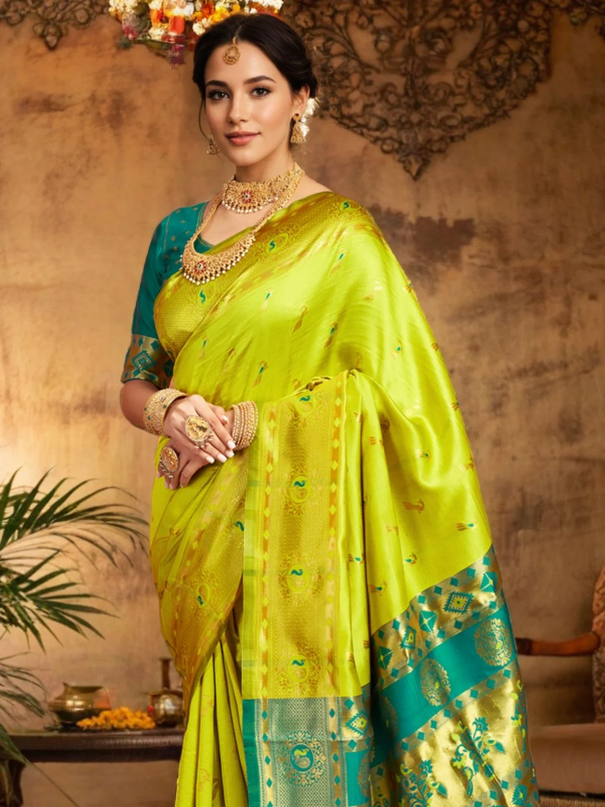 Odette Lime Green Silk Woven Saree For Women - Image 4