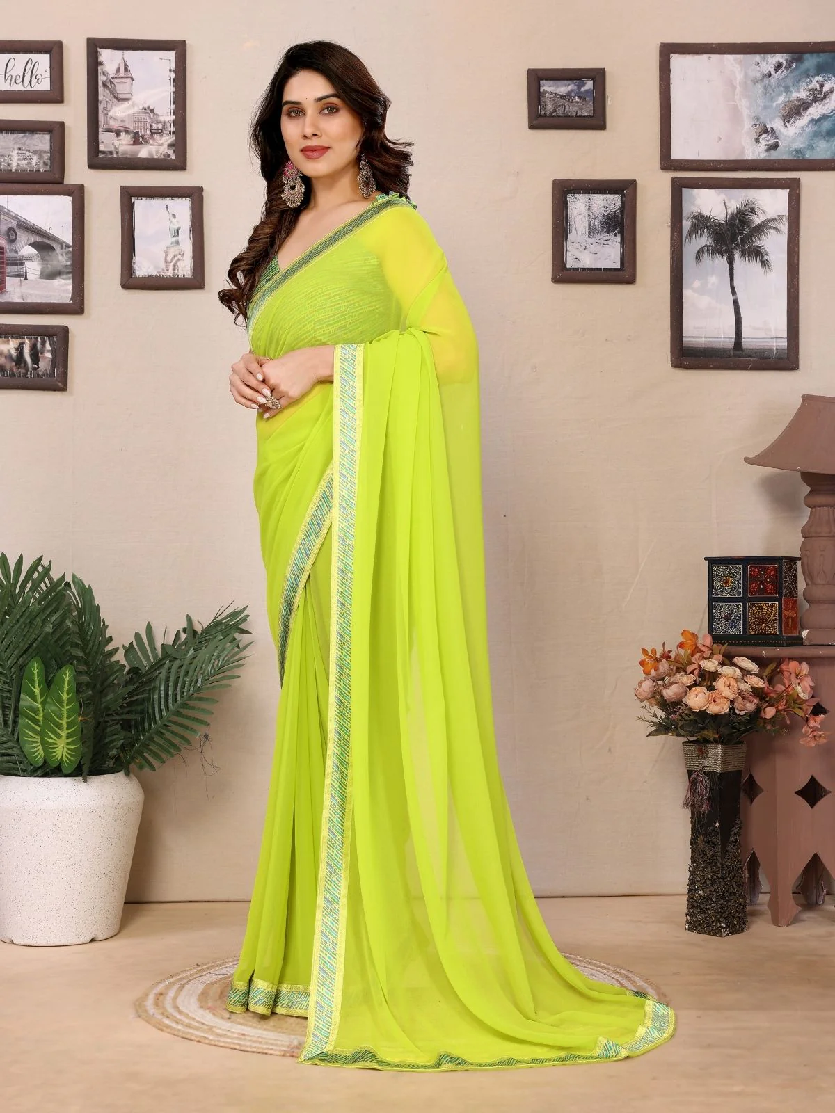 Odette Lime Yellow Georgette Printed Saree For Women - Image 2