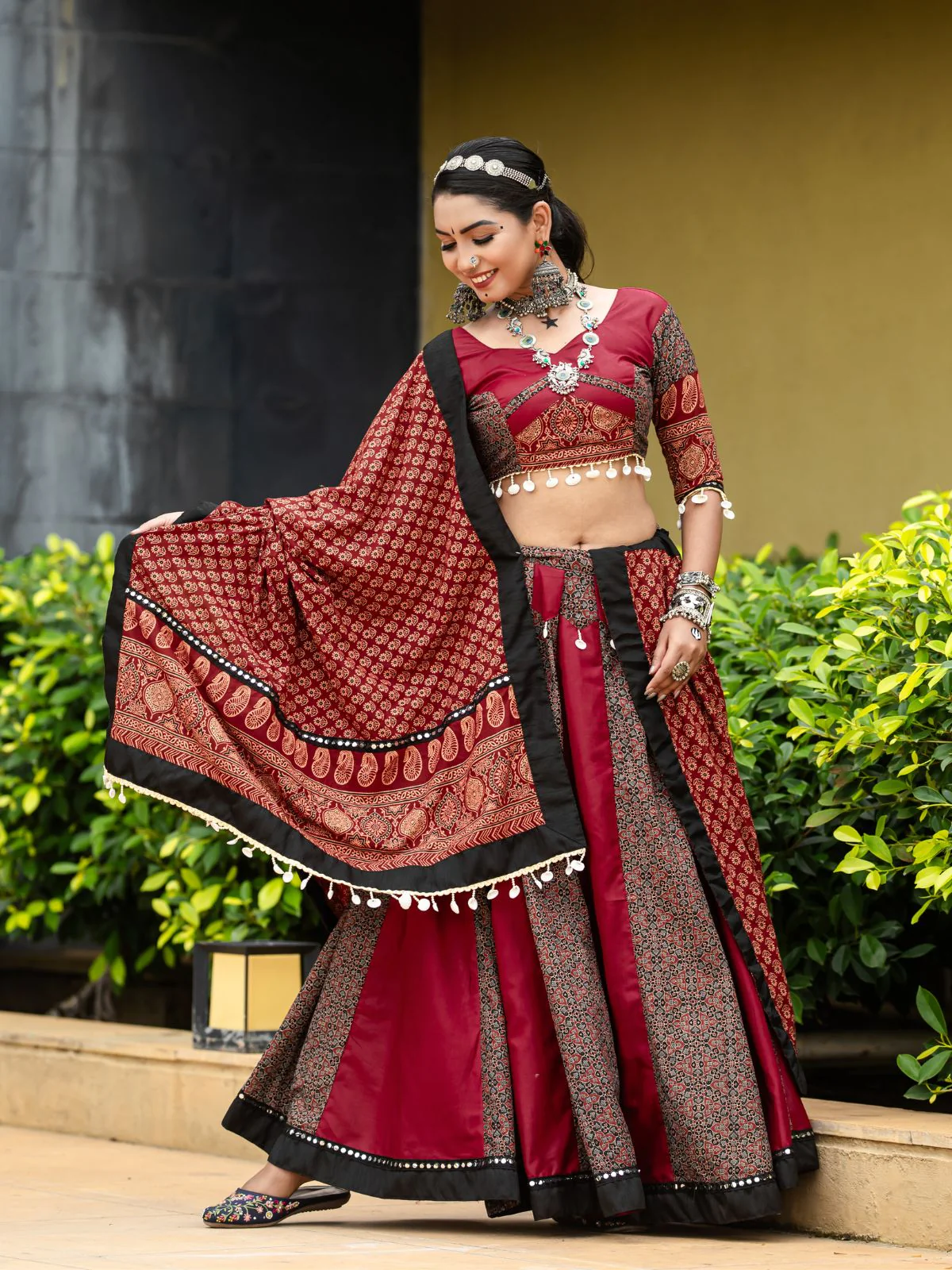 Odette Magenta And Maroon Printed Cotton Stitched Lehenga With Blouse For Women - Image 4