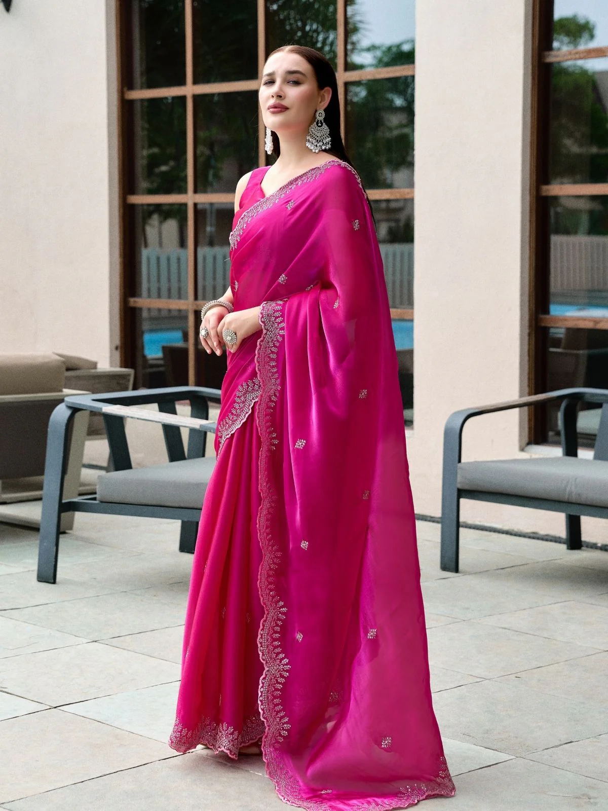 Odette Magenta Chiffon Embellished Saree For Women - Image 2