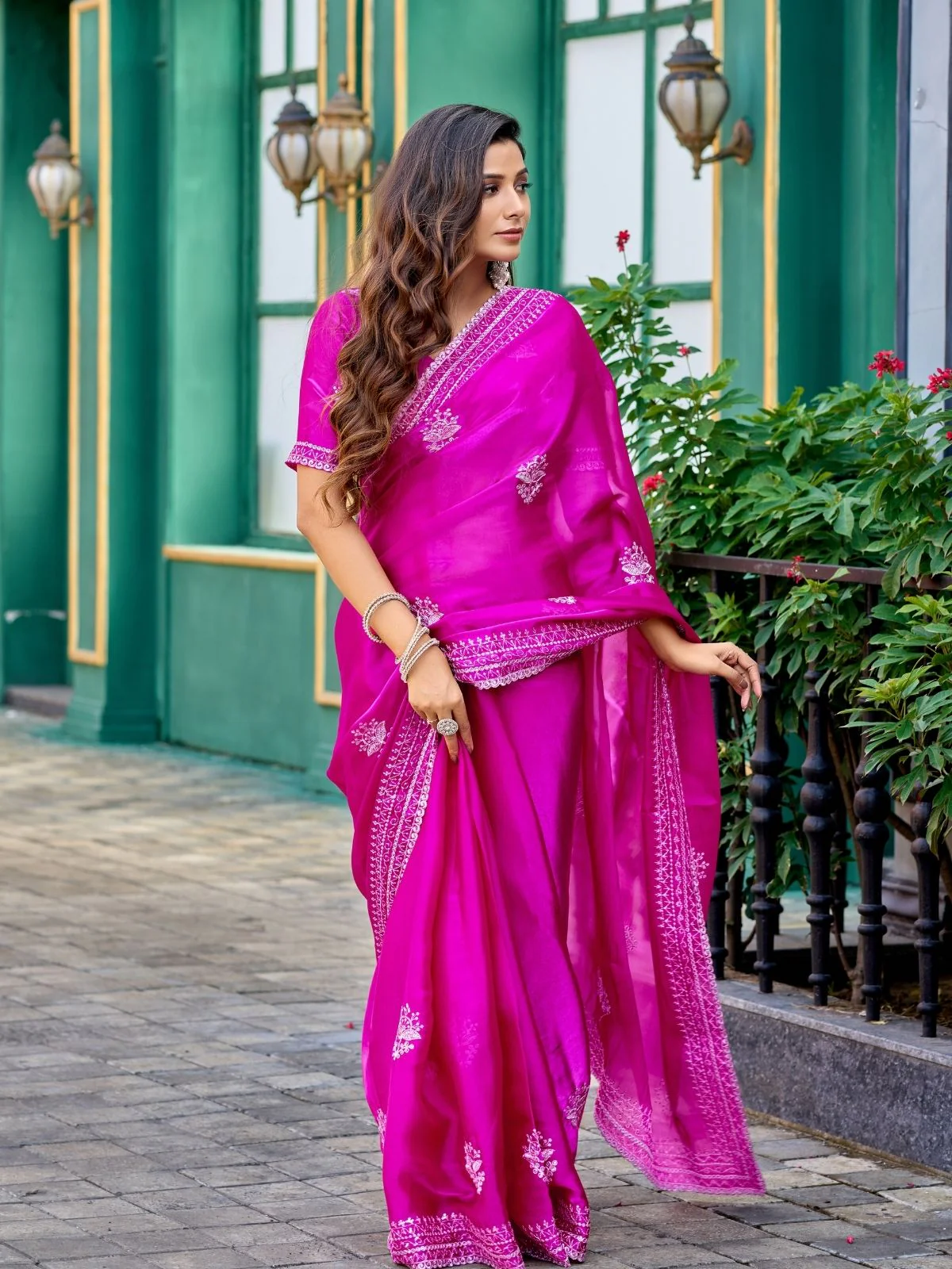 Odette Magenta Chiffon Embroidered Saree For Women - Image 3