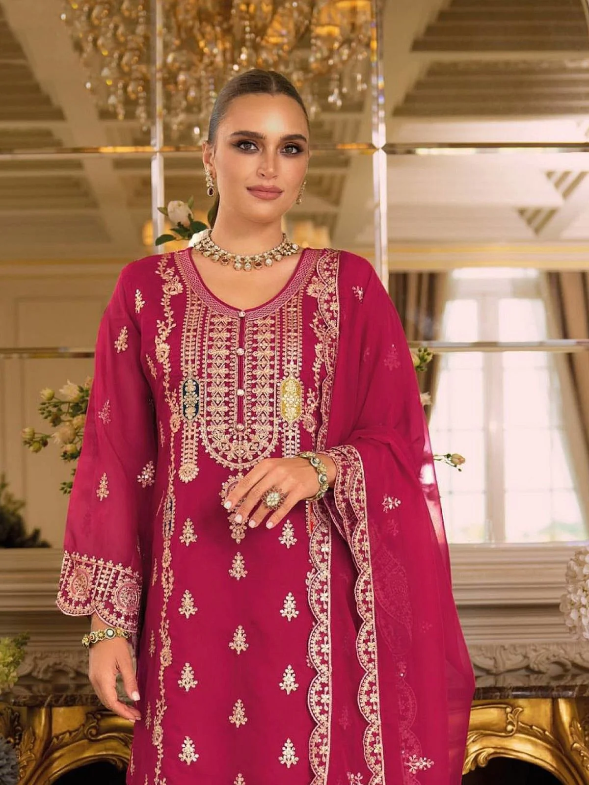 Odette Magenta Chinon Embellished Semi Stitched Kurta Set For Women - Image 2