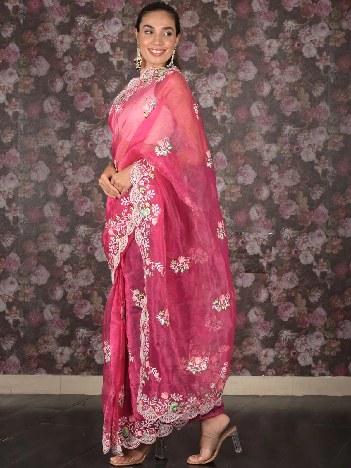 Odette Magenta Embroidered Organza Saree for Women - Image 3