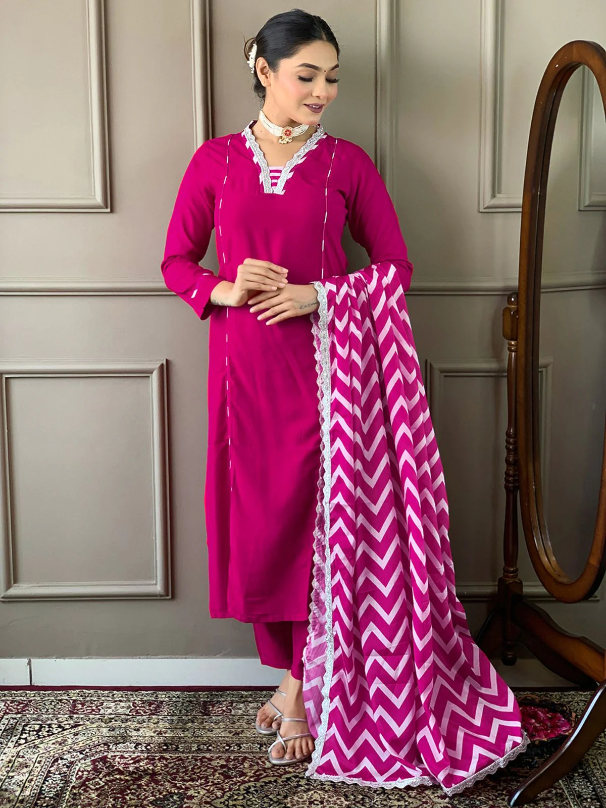 Odette Magenta Embroidered Viscose Silk Stitched Kurta Salwar Set For Women - Image 3
