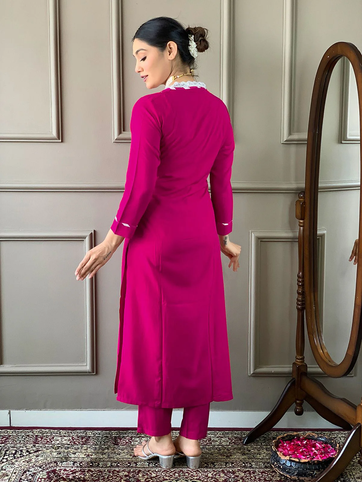 Odette Magenta Embroidered Viscose Silk Stitched Kurta Salwar Set For Women - Image 5