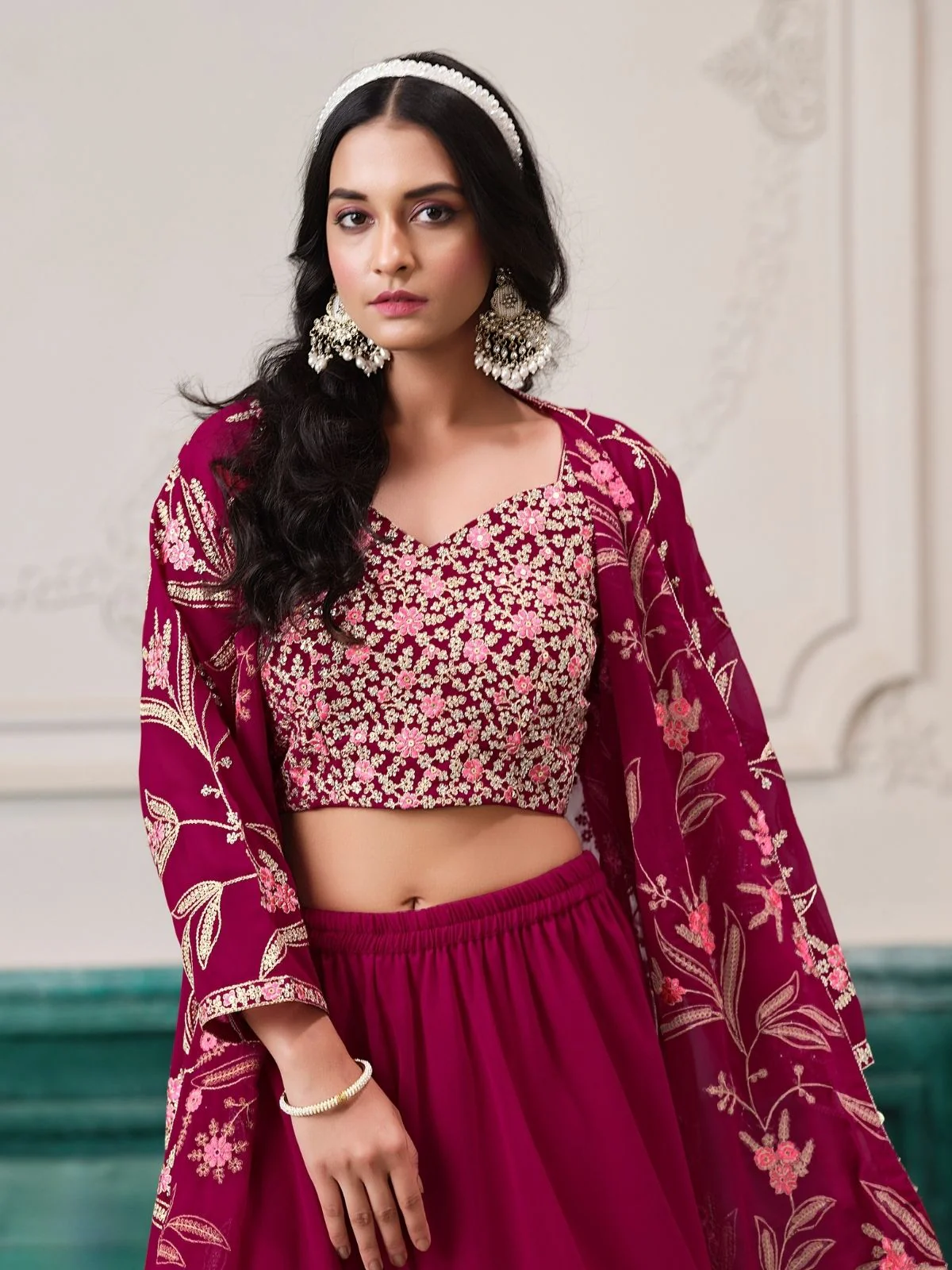 Odette Magenta Georgette Embroidered Semi-Stiched Co-Ord Set For Women - Image 4
