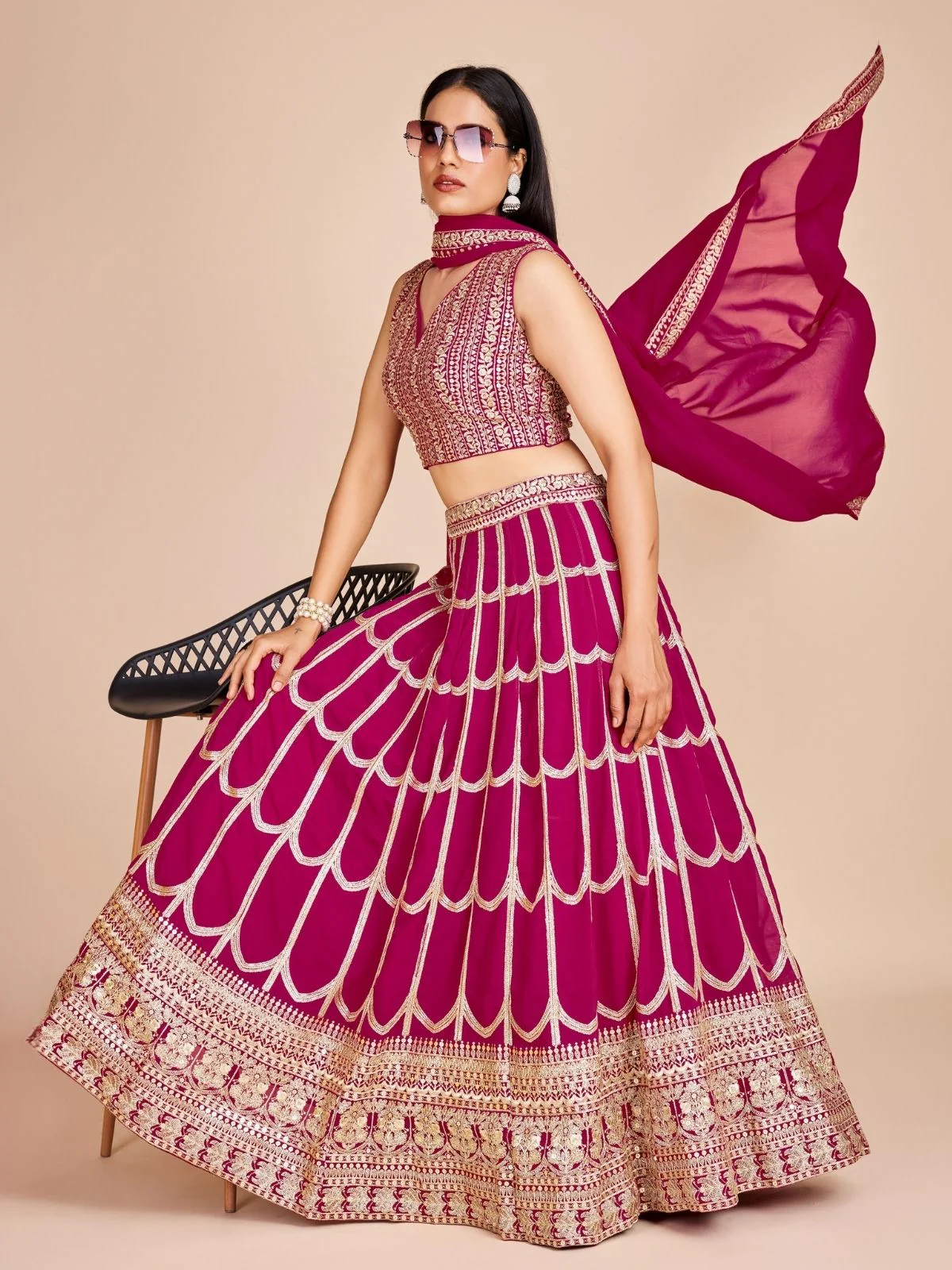 Odette Magenta Georgette Embroidered Semi-Stitched Lehenga For Women - Image 7
