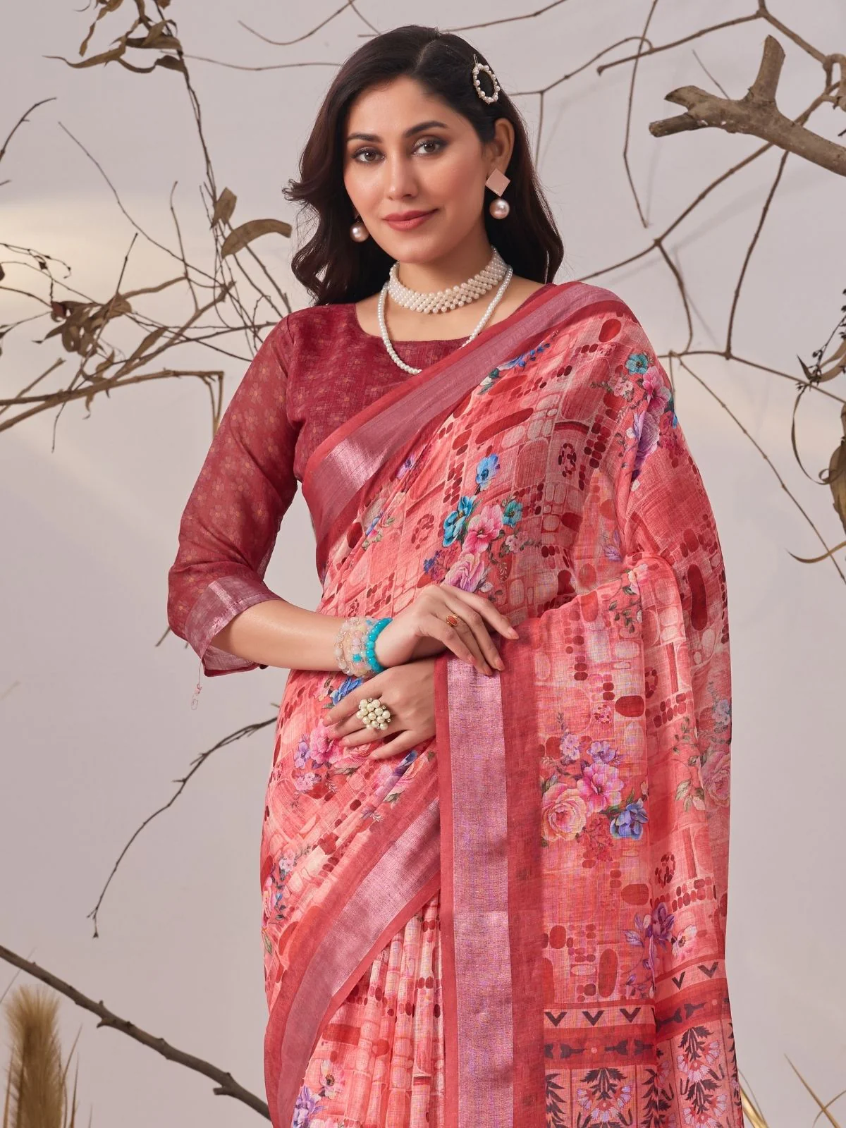 Odette Magenta Linen Cotton Printed Saree For Women - Image 4