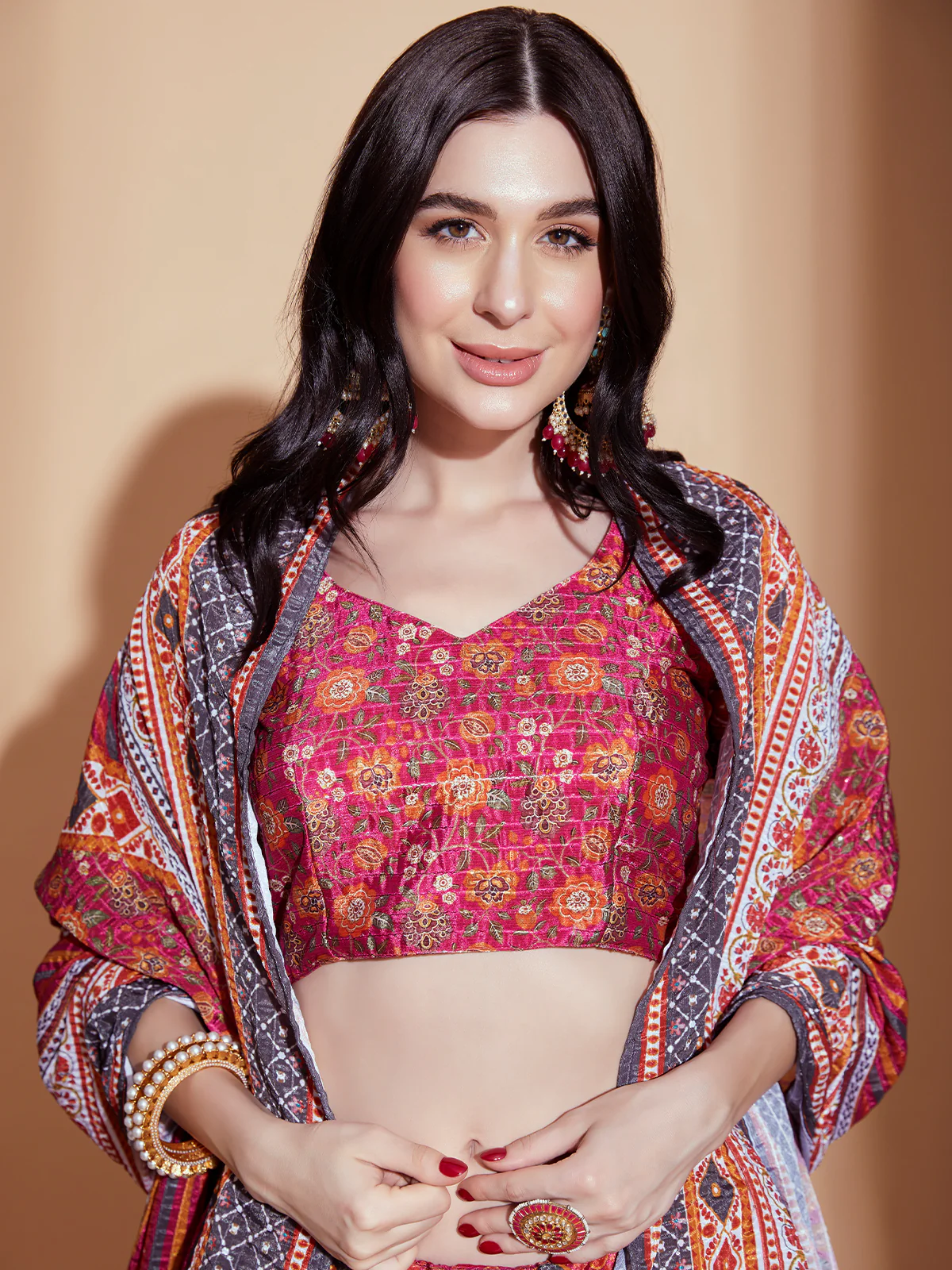 Odette Magenta Printed Chinnon Semi Stitched Lehenga With Unstitched Blouse  For Women - Image 4