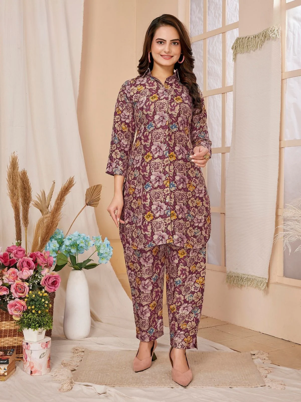 Odette Magenta Rayon Floral Printed Semi-Stitched Co-Ord Set For Women
