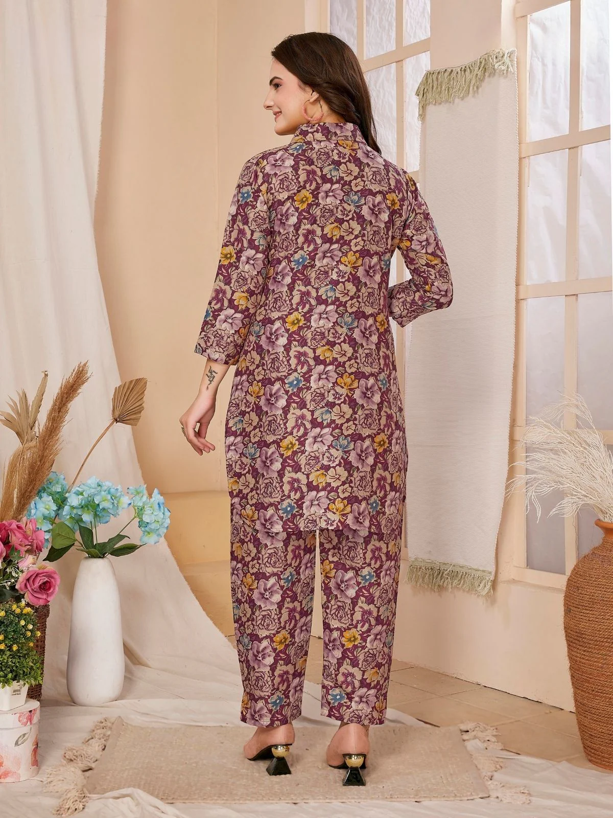 Odette Magenta Rayon Floral Printed Semi-Stitched Co-Ord Set For Women - Image 4