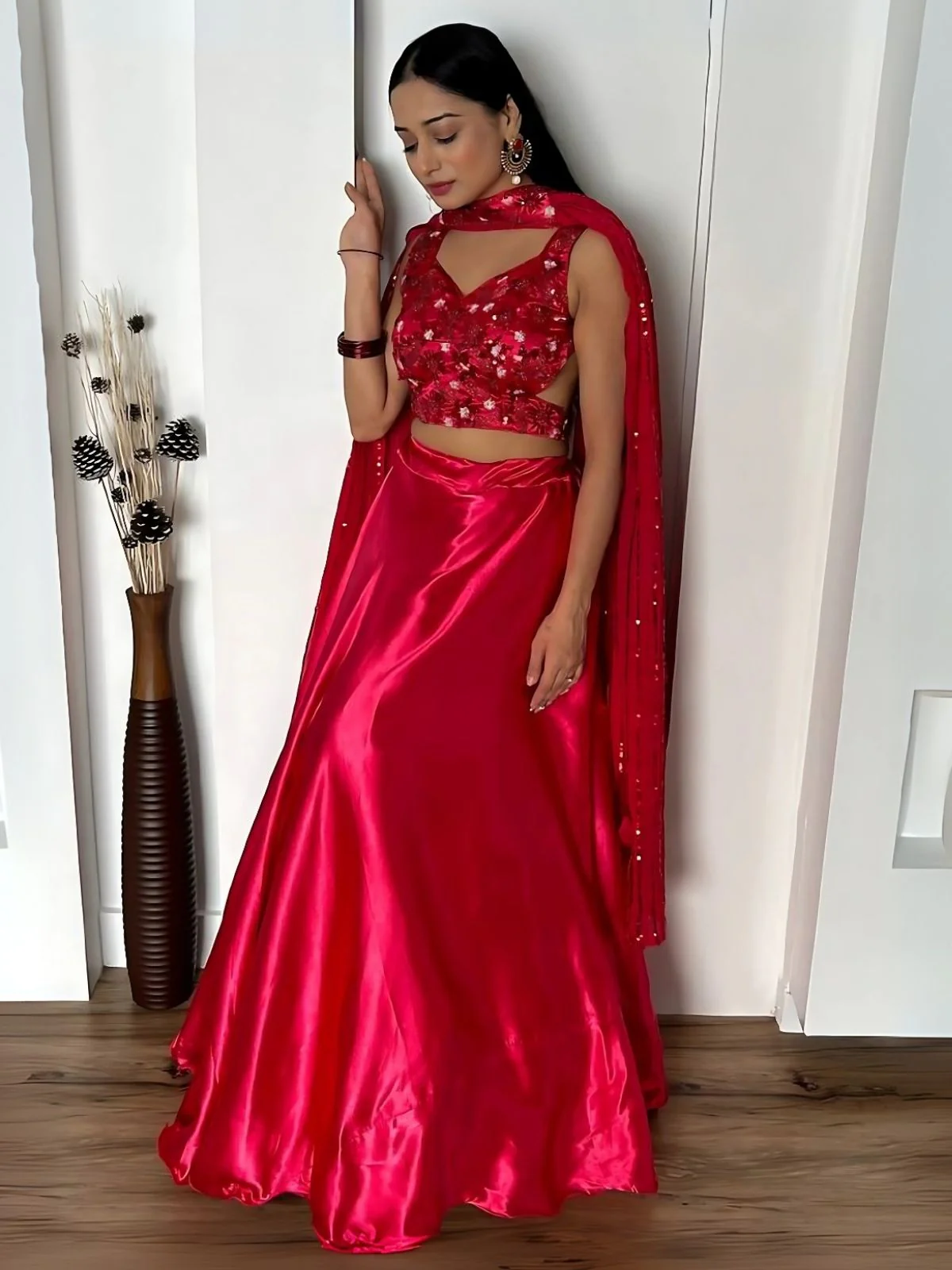 Odette Magenta Satin Silk Solid Semi-Stitched Lehenga For Women - Image 2