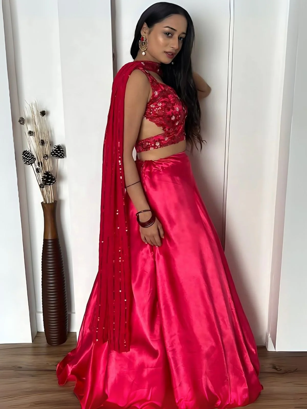 Odette Magenta Satin Silk Solid Semi-Stitched Lehenga For Women - Image 3