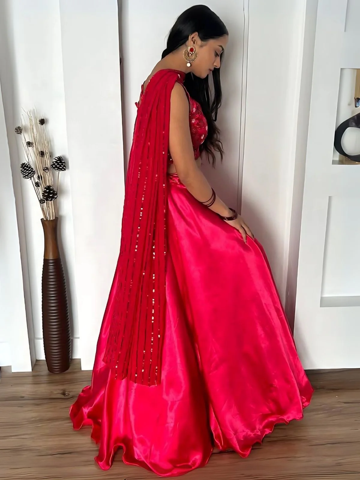 Odette Magenta Satin Silk Solid Semi-Stitched Lehenga For Women - Image 6
