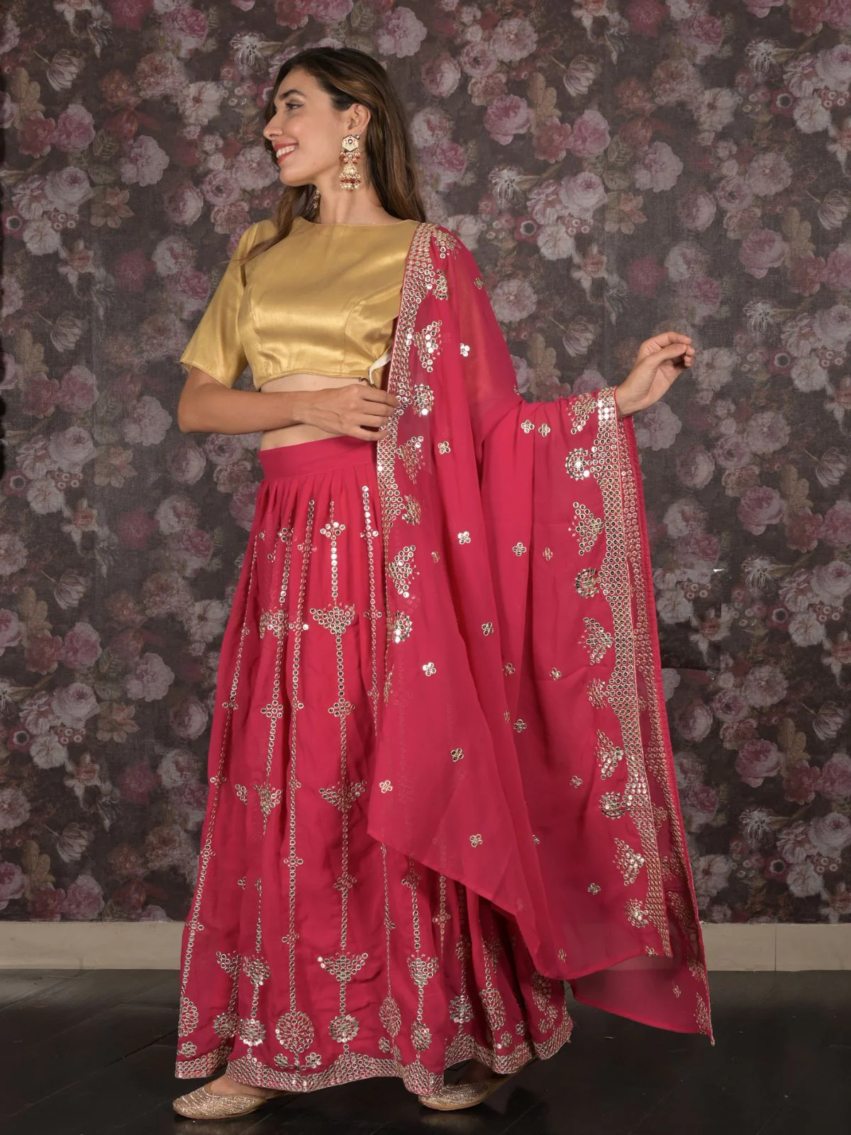 Odette Magenta Sequins Embroidered Semi-Stitched Georgette Lehenga with Unstitched Blouse for Women - Image 2