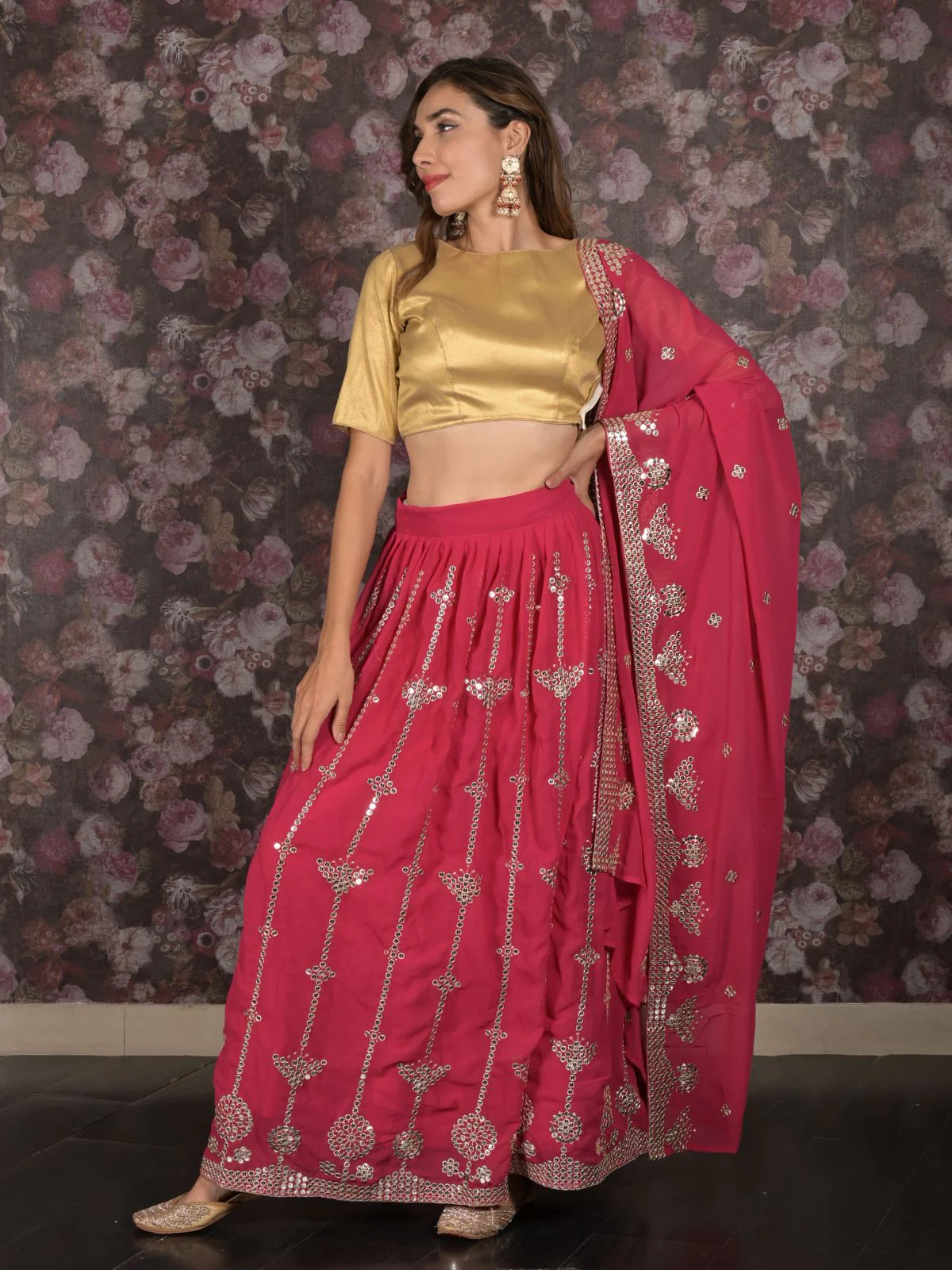 Odette Magenta Sequins Embroidered Semi-Stitched Georgette Lehenga with Unstitched Blouse for Women - Image 3
