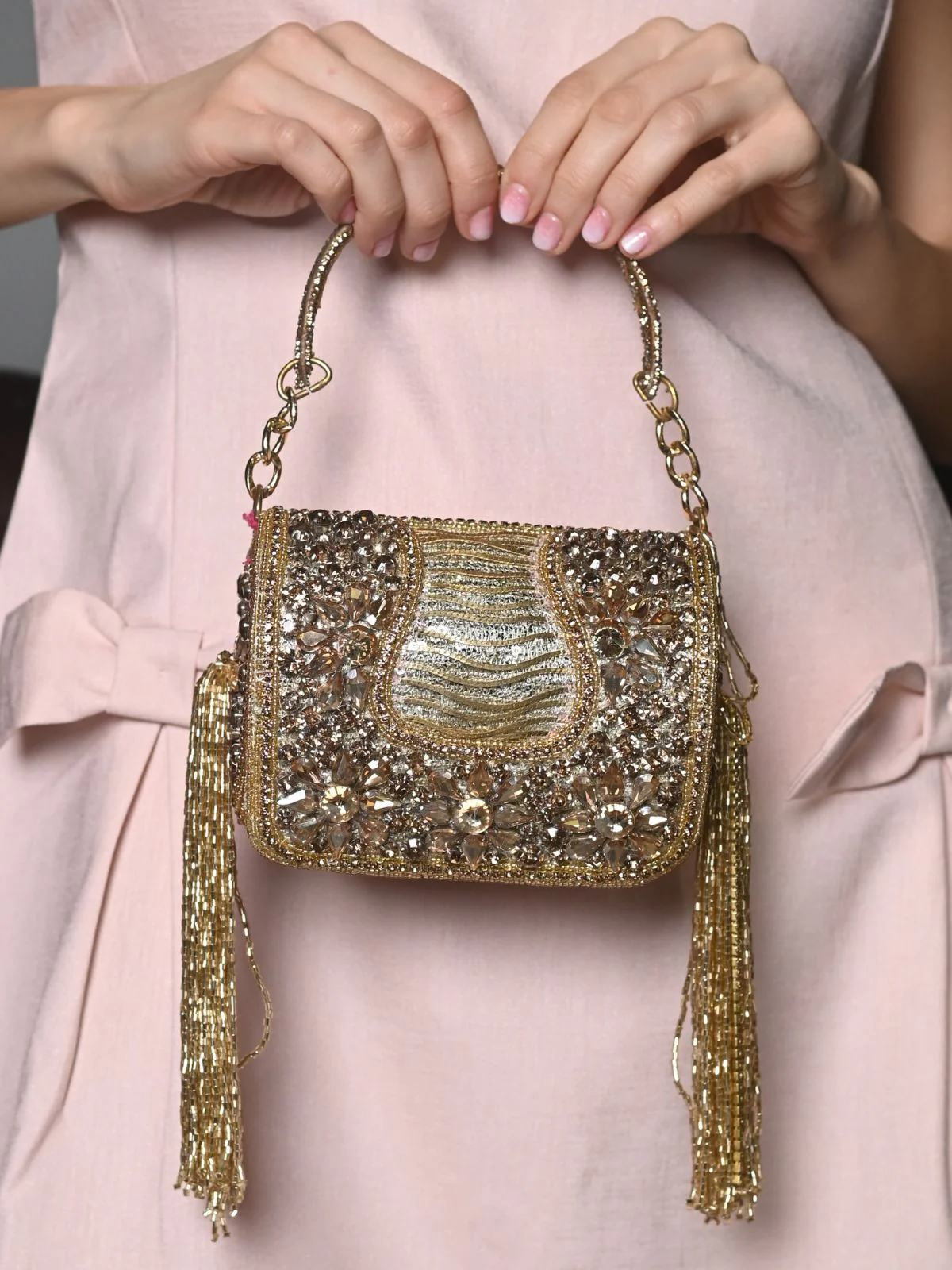 Odette Gold And Magenta Tassels Structured Clutch For Women - Image 3