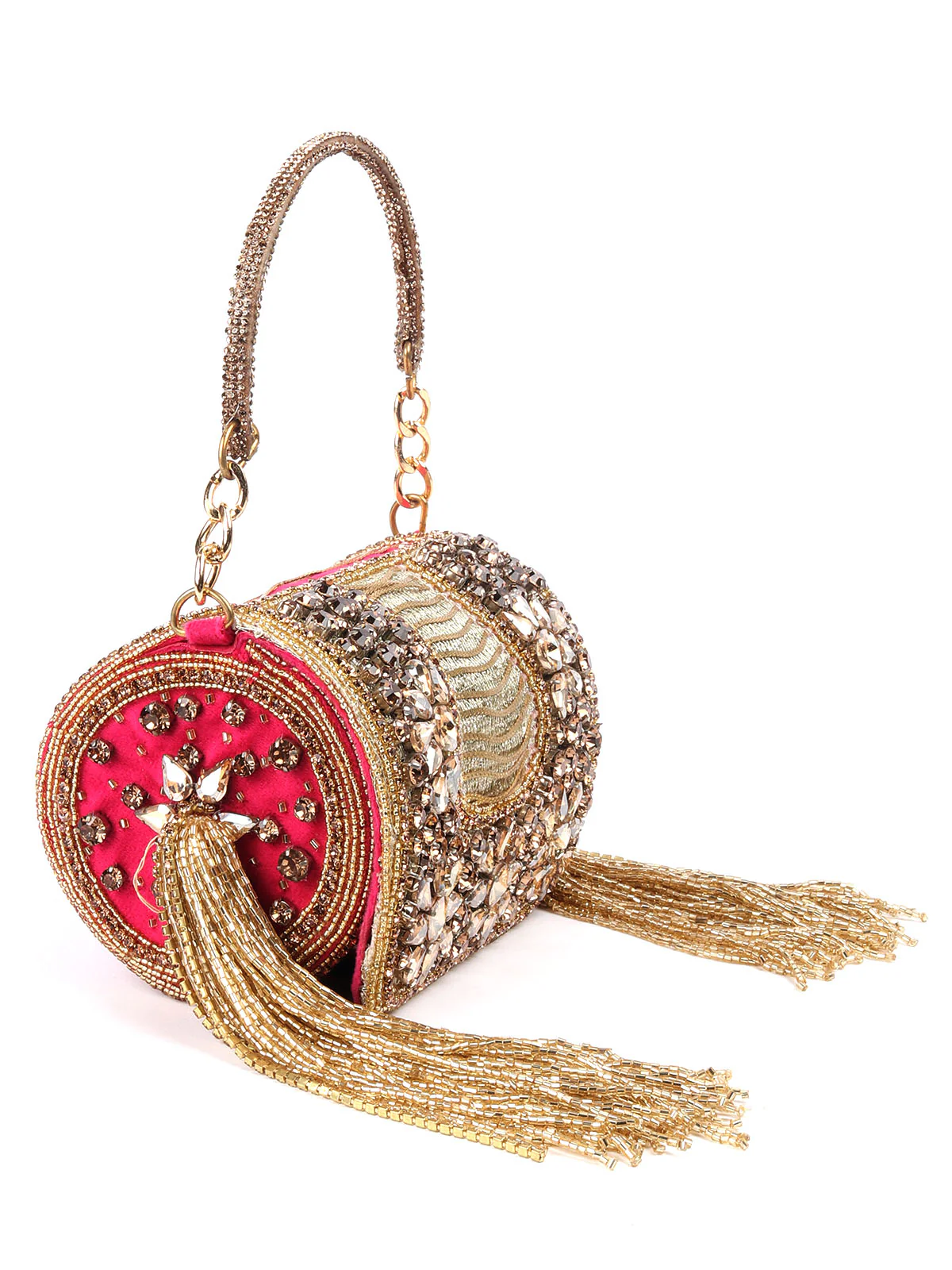 Odette Gold And Magenta Tassels Structured Clutch For Women - Image 5