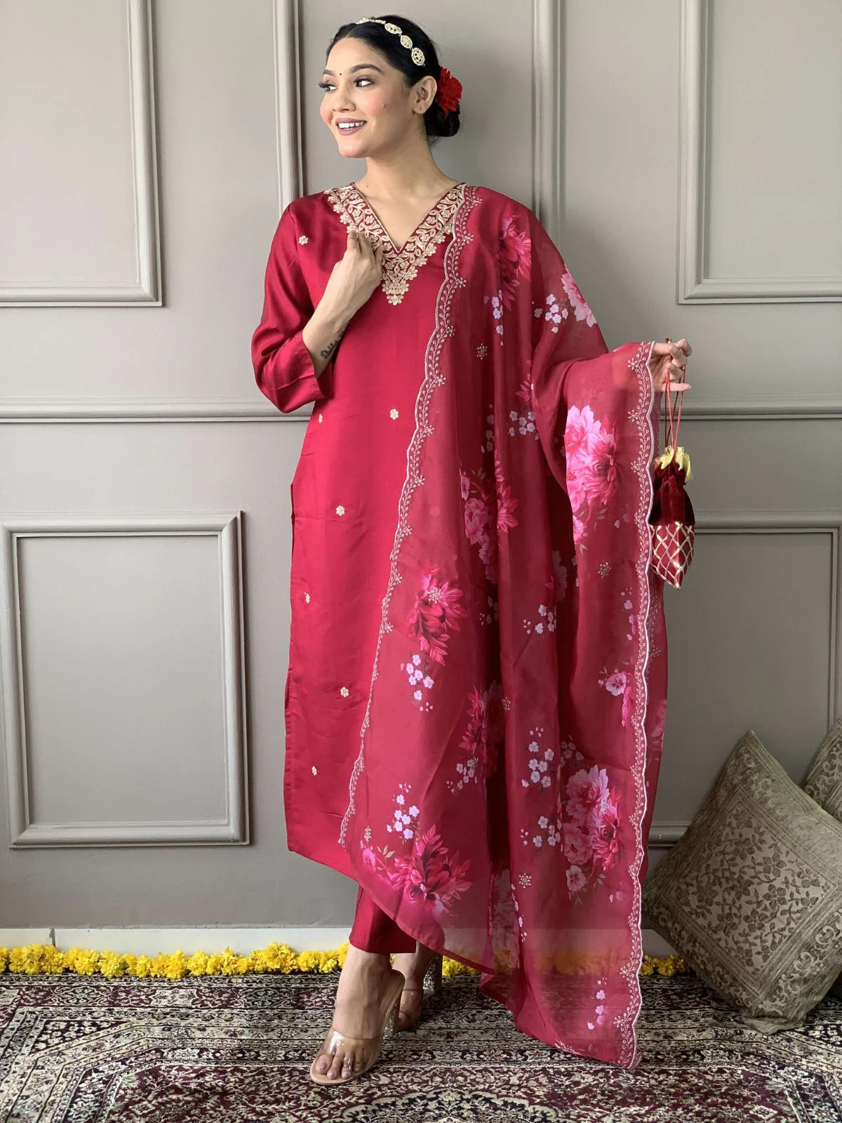 Odette Magenta Viscose Embroidered Stitched Kurta Set For Women - Image 2