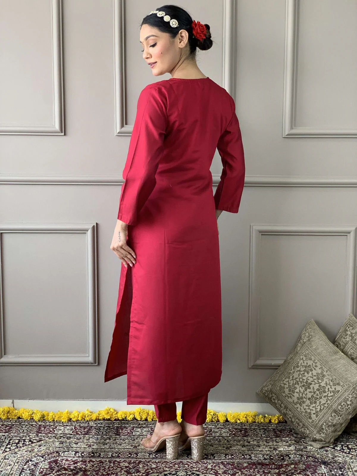 Odette Magenta Viscose Embroidered Stitched Kurta Set For Women - Image 4