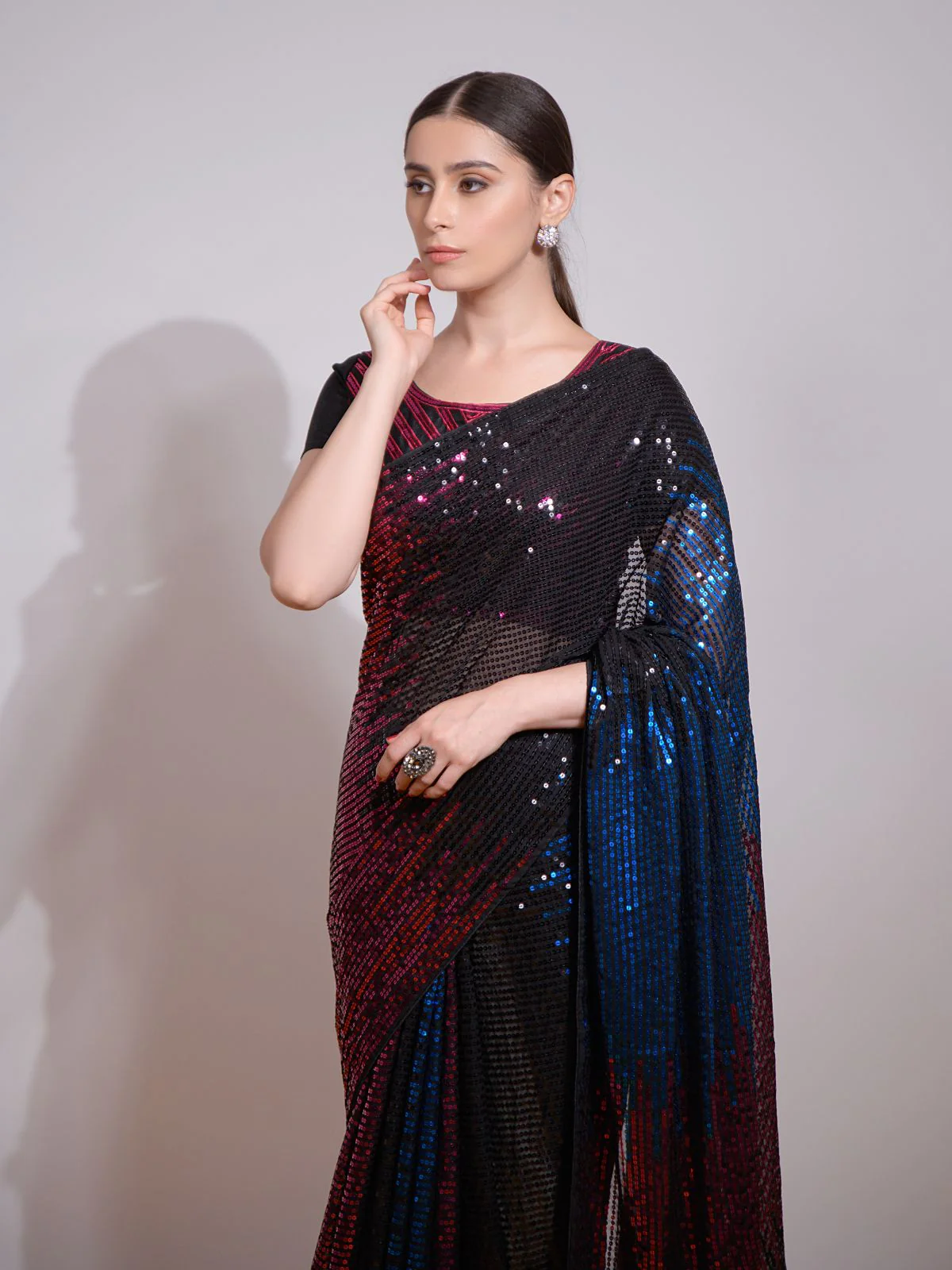 Odette Multicolor Embellished Georgette Saree With Unstitched Blouse For Women - Image 4