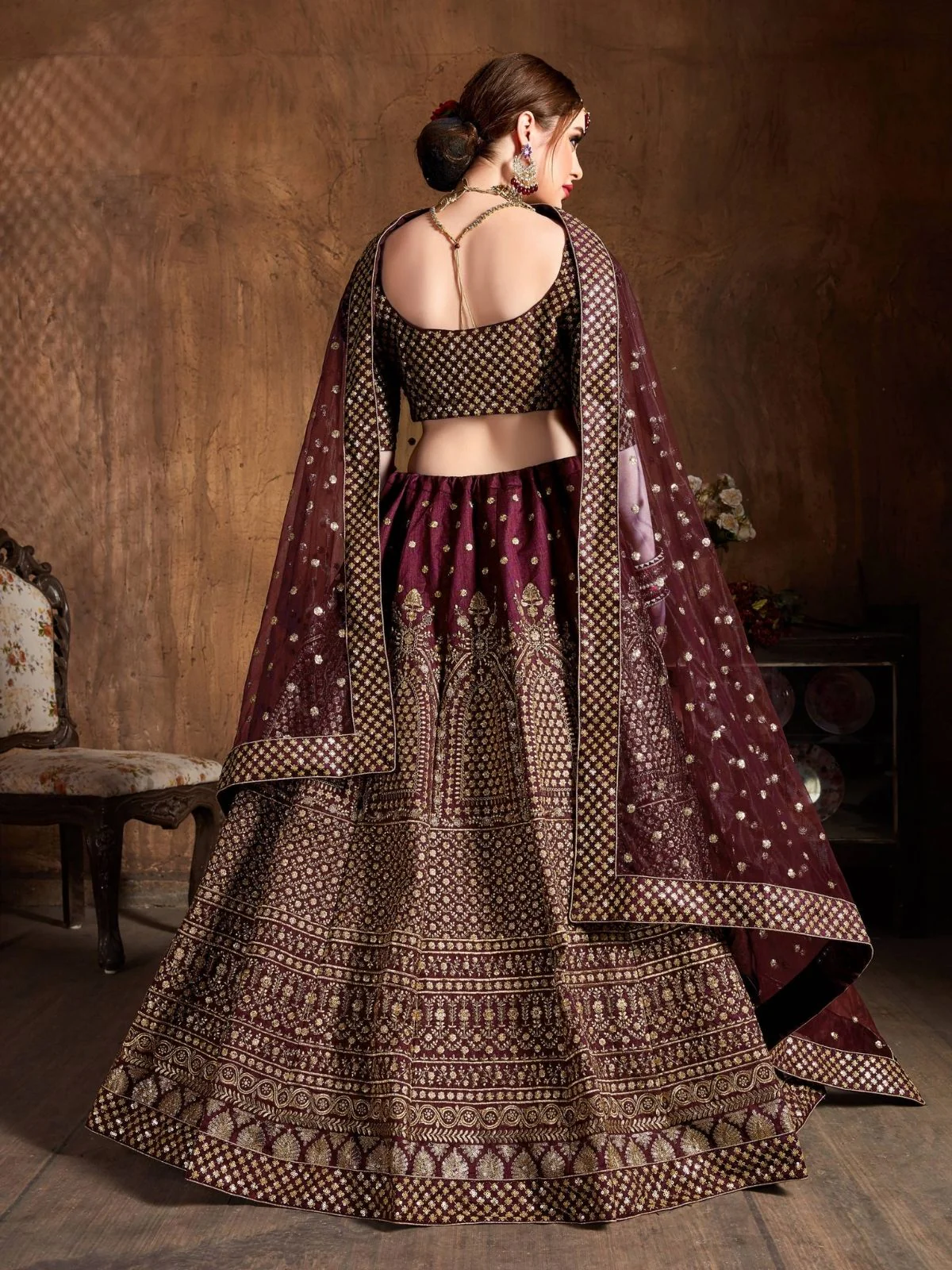 Odette Maroon And Gold Silk Blend Embroidered Semi Stitched Lehenga With Blouse For Women - Image 3