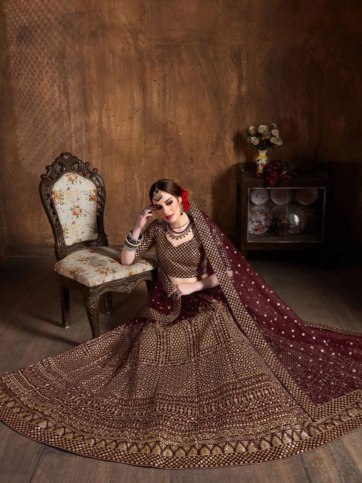 Odette Maroon And Gold Silk Blend Embroidered Semi Stitched Lehenga With Blouse For Women - Image 4